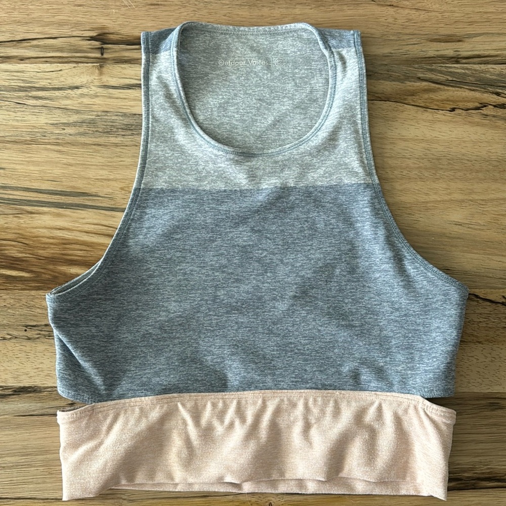 Outdoor Voices Tri Tone Light Blue Gray Pink Slashback Sports Bra SMALL